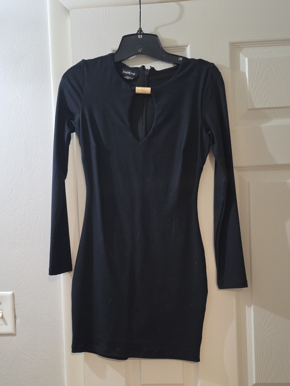 bebe Black Long Sleeve Keyhole Bodycon Dress with Gold Accent